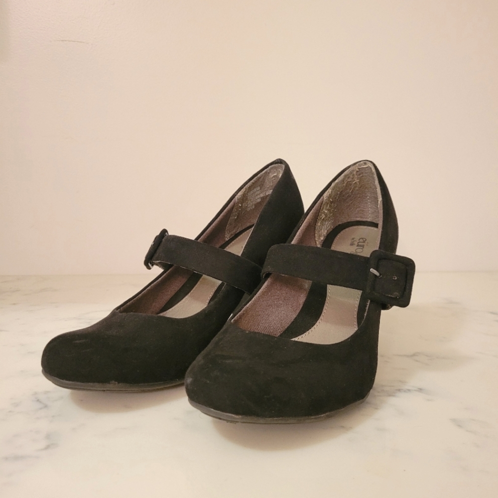 EuroSoft Black Suede Heeled Mary Janes, size 8